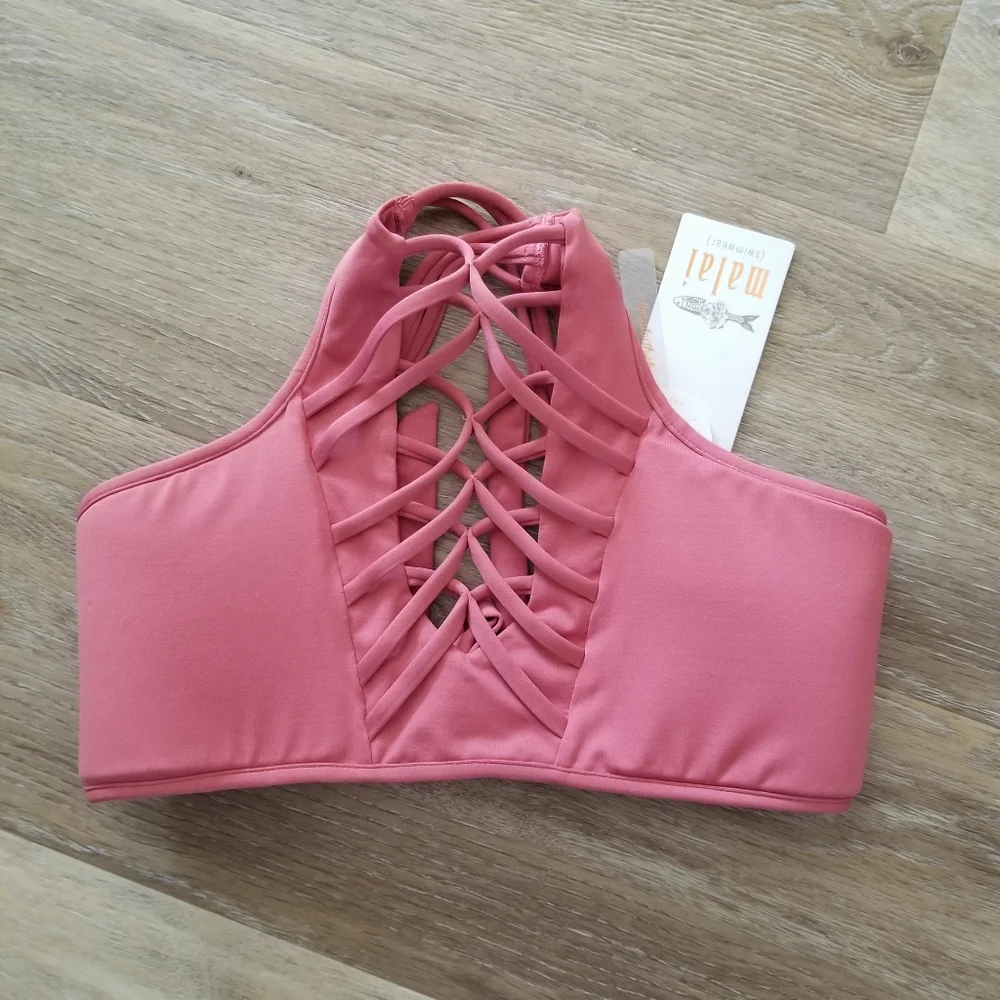 NWT Malai Handmade Fishbone High Neck Bikini Swim Top In Rose Size Large